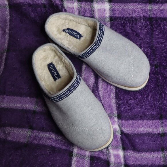 GREY SCUFF SLIPPERS 6.5 Nautica Blue Fleece Spring Fall Warm Casual Logo - Picture 2 of 10